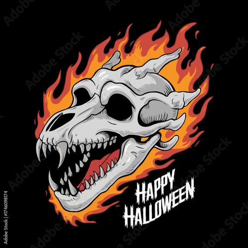 Dragon skull illustration with fiery flames and happy halloween text