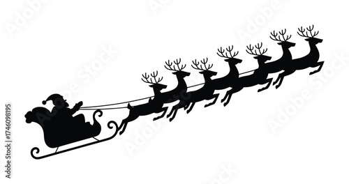 Santa sleigh flying with eight reindeer Christmas vector silhouette