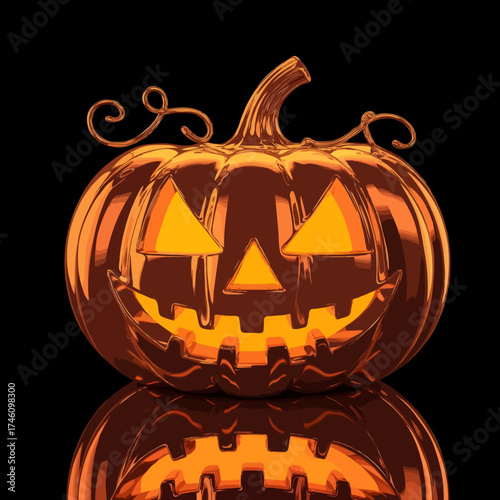 Glowing jack o lantern with spooky face and reflection on black background