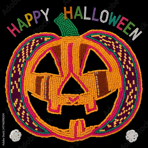 Brightly colored halloween pumpkin with happy halloween text