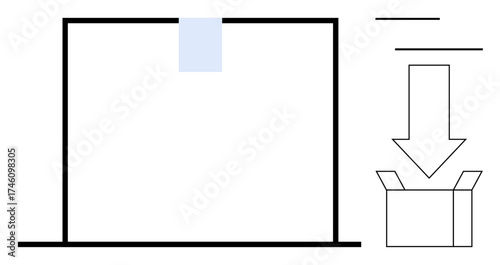 Empty drop-off area with a slot for items and a bold arrow pointing to an open box. Ideal for logistics, delivery services, packaging, storage, organization, workflow, simple flat metaphor