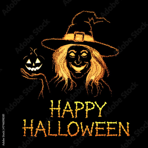 Spooky witch with pumpkin and happy halloween text