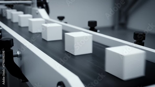 White Cubes Moving on Conveyor Belt in Factory
