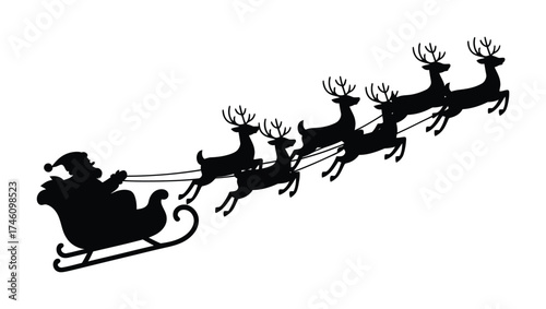 Santa sleigh flying with reindeer Christmas silhouette