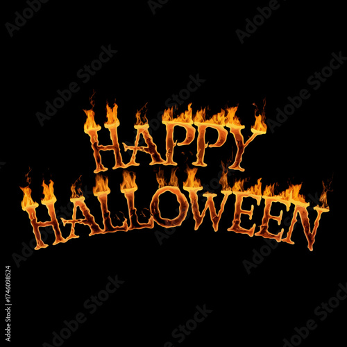 Fiery happy halloween text glowing with flames on black background