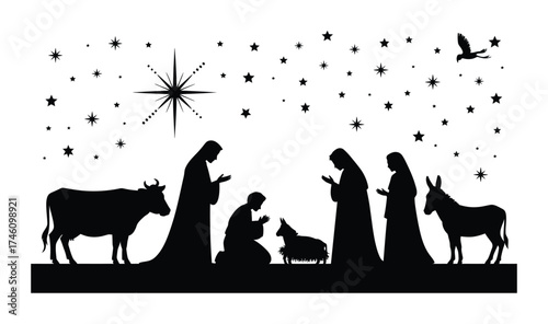 Holy nativity scene vector silhouette with animals and family