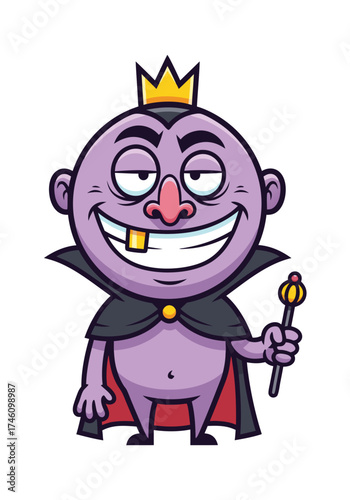 A cute purple cartoon villain with a golden crown and cape holding a scepter. This vector illustration is perfect for designs needing a funny mascot or character graphic on white backdrop