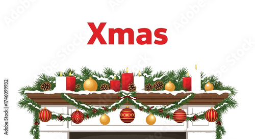 Festive christmas fireplace mantel decoration isolated on white background, adorned with garlands and ornaments
