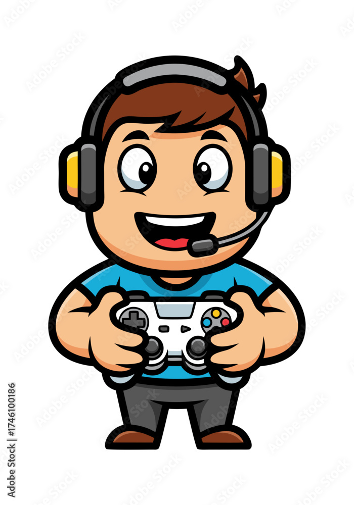 Fototapeta premium Cartoon style gamer mascot vector featuring a happy boy with brown hair and yellow headphones. He's holding a game controller and smiling on a clean white background
