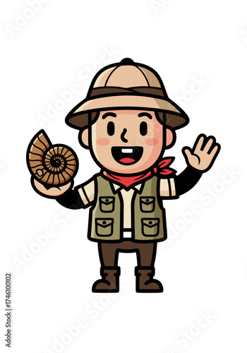 Cartoon explorer in pixel art style holding a fossil. He is wearing a safari hat and vest, with a red neck scarf. The background is white
