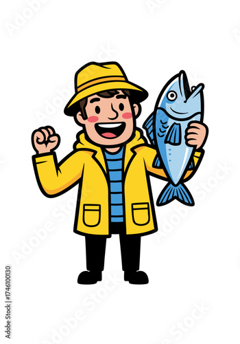 A cartoon illustration of a fisherman smiling and holding a fish wearing a yellow raincoat and hat in a vector style against a white backdrop