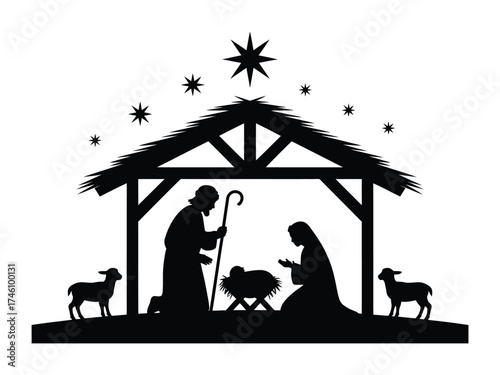 Christmas nativity scene silhouette with Mary Joseph and baby Jesus