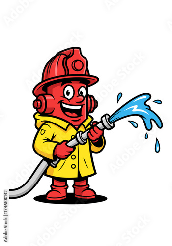 Illustration of a cartoon firefighter mascot holding a firehose with water spraying out. The character is designed in bright red and yellow colors against a clean white background in full body