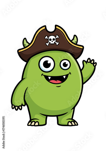 A cartoon vector mascot illustration of a cute green monster wearing a brown pirate hat with a skull, standing on a white background. Perfect for fun, playful designs