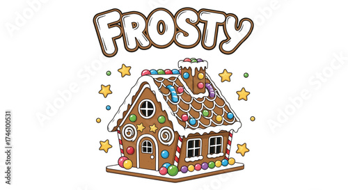 Gingerbread house with the word frosty isolated on white background christmas holiday season concept design