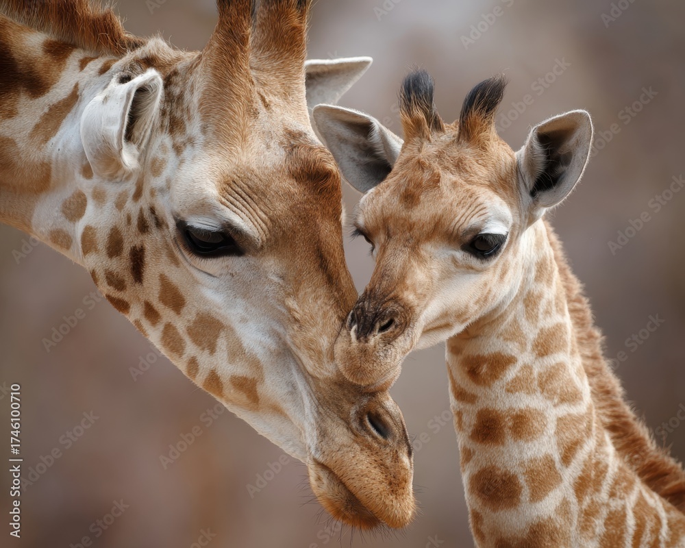 Naklejka premium A tender moment of affection between a mother giraffe and her young calf in the African savanna