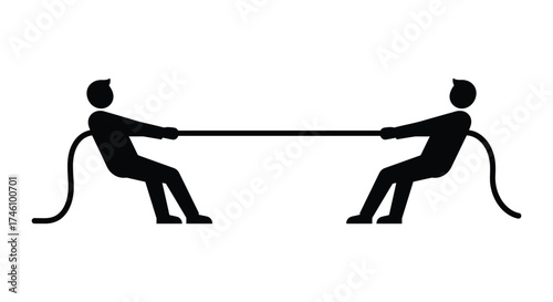 Silhouette figures in a tense tug of war competition symbolizing conflict and strength in a balanced contest with a rope.