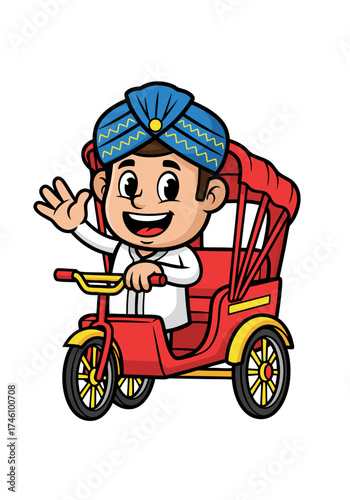 Illustration of a cartoon man wearing a blue turban riding a red tricycle isolated on a white background. The man is smiling and waving, creating a cheerful image. The artwork captures a blend of