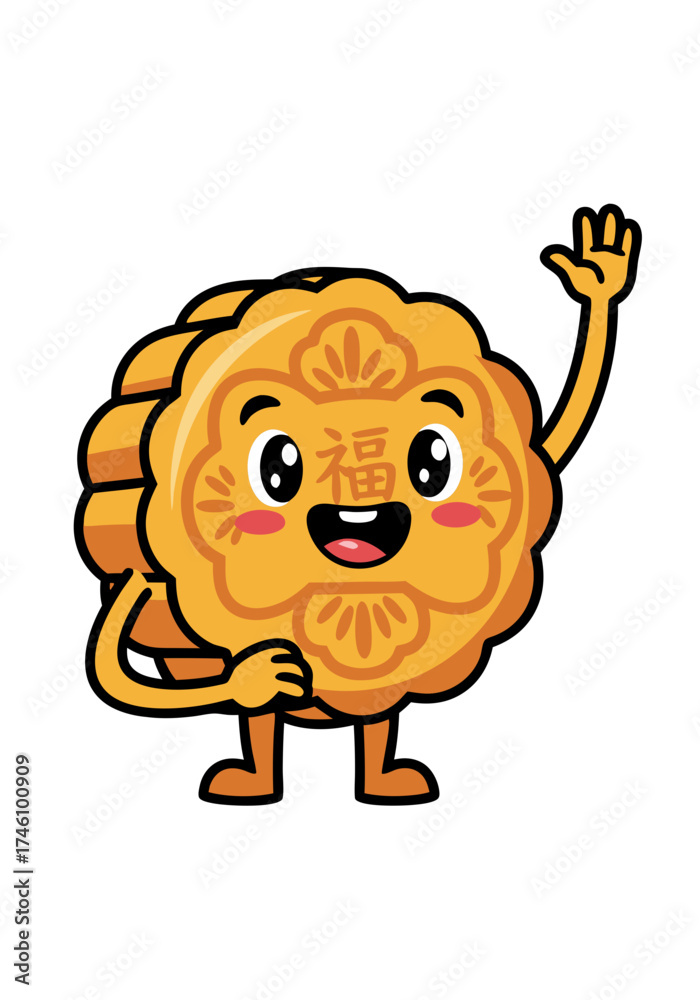 Obraz premium Adorable cartoon mooncake mascot waving its hand. The vector illustration features a smiling dessert character perfect for Mid Autumn Festival designs isolated on white background