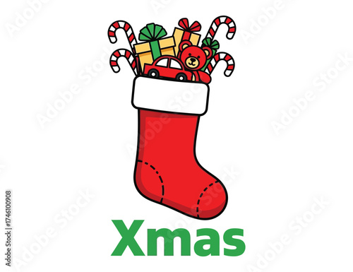 A red christmas stocking filled with gifts and candy canes isolated on white background for xmas season