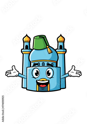 A cute cartoon mosque character vector in light blue and white with a green fez hat is making a welcoming gesture. This mascot illustration is perfect for Islamic themed designs