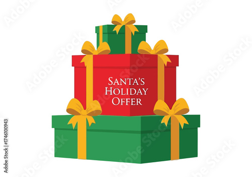 Santas holiday offer with stacked gifts isolated on white background for christmas and new year