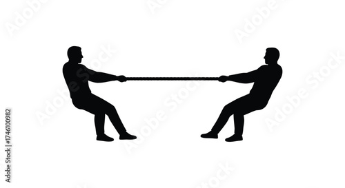 Silhouette of two teams in a dynamic tug of war competition pulling a rope in opposite directions demonstrating strength and conflict