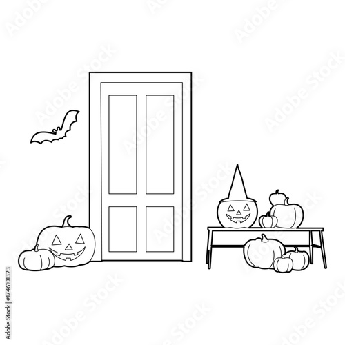 Halloween Door Scene with Carved Pumpkins, Bats and Spiders – Outline Vector
