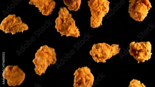 Fried Chicken Pieces Falling on Black.
