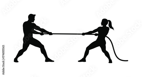 Silhouette of a man and woman in a fierce tug of war contest symbolizing competition strength and gender dynamics