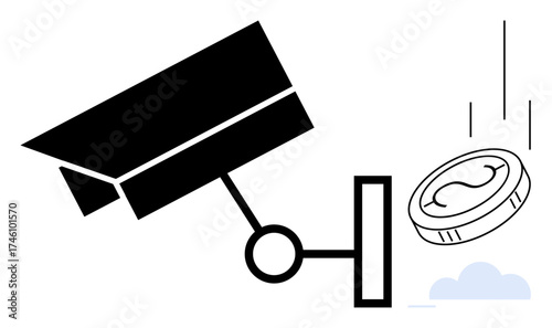 Black surveillance camera observing a falling coin. Ideal for themes of financial monitoring, privacy, capitalism, control, investment, economy, and big data. Simple flat metaphor