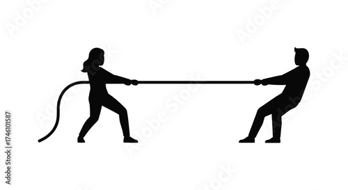 Silhouette of a man and woman engaged in a tug-of-war competition pulling a rope in opposite directions