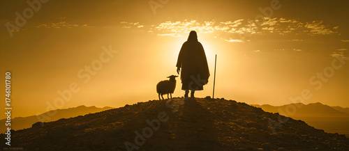 Peaceful silhouette of man with sheep on hill under golden sky, symbolizing faith, hope, and grace inspired by the biblical story of the lost sheep.