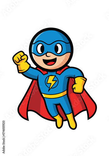 Cartoon superhero mascot with blue and red suit cape and yellow gloves boots isolated on white. Features a happy smiling character, lightning symbol on chest, cute and fun vector design for kids