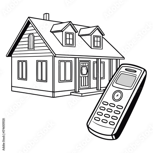 A cordless telephone handset is shown in the foreground with a simple line drawing of a house in the background