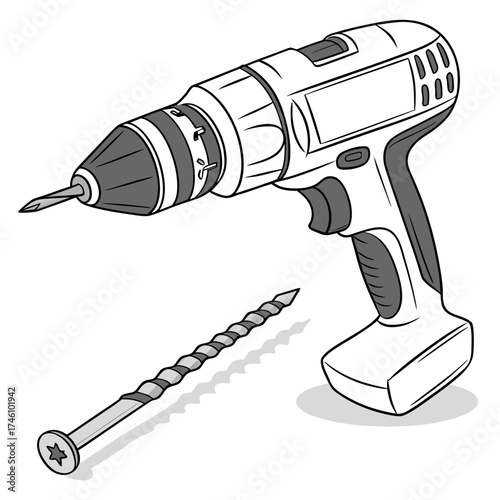 A detailed illustration of a cordless electric drill and a long screw isolated on a white background showcasing tools for construction and diy projects