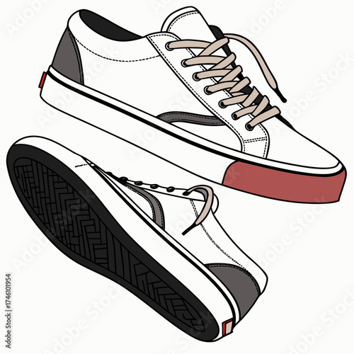 A pair of white canvas low top sneakers with tan laces and a red sole detail shown from two angles