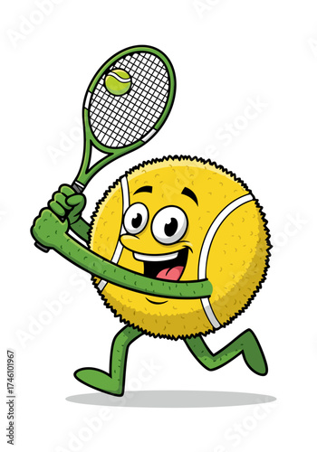 A cartoon illustration of a tennis ball character cheerfully holding a racket, set against a clean white background. Perfect for sports, recreation or humorous design projects