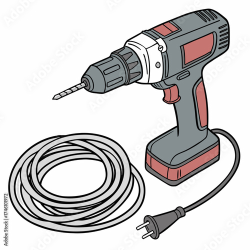 A detailed illustration of a cordless power drill with a coiled extension cord and a plug on a white background