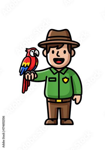 A cute cartoon vector illustration of a park ranger in a green uniform with a brown hat and a red parrot perched on his arm, set against a clean white background