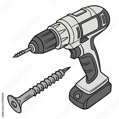 Close up illustration of a cordless power drill with a screw attached to the chuck and a separate screw lying nearby