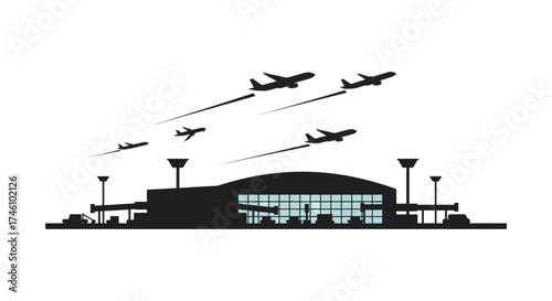 Modern airport terminal building silhouette with airplanes flying in formation above a clear sky
