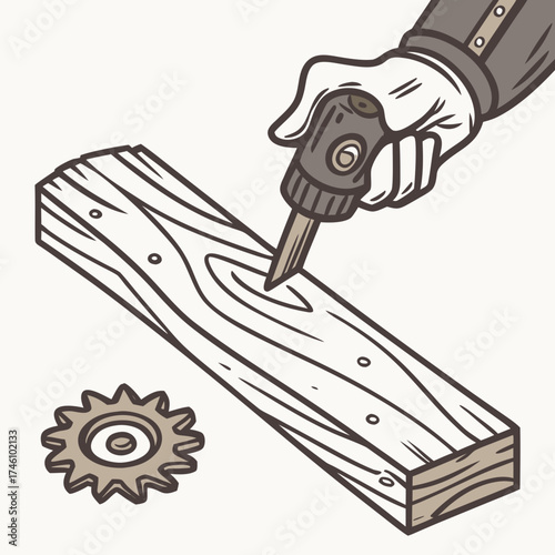 Close up of a hand holding a drill bit and drilling into a wooden plank with a gear nearby