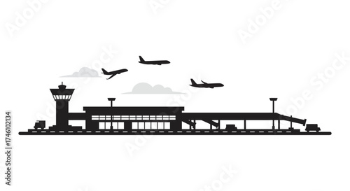 Modern airport terminal silhouette with airplanes flying overhead symbolizing global travel and aviation industry