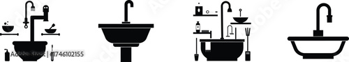 Set of sink and faucet icons simple installation tools for plumbing fixtures vector