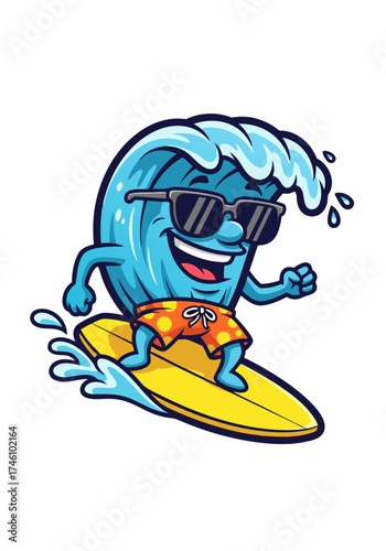 Cheerful cartoon wave character with sunglasses and vibrant orange shorts riding a yellow surfboard, isolated on a clean white background. A fun, summery vector illustration