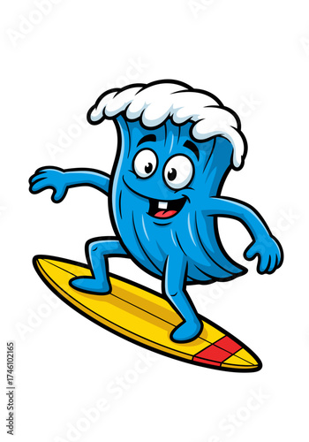 Cartoon vector illustration of a cheerful blue wave with white foam riding a yellow surfboard. Mascot graphic design element isolated on white. Character surfing with happy smile
