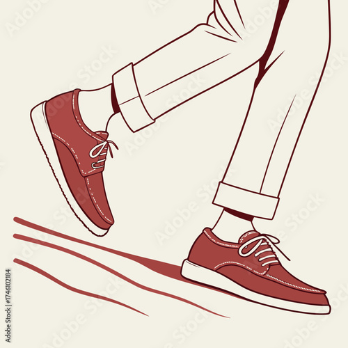Close up of a person wearing stylish red lace up shoes and cuffed pants walking forward