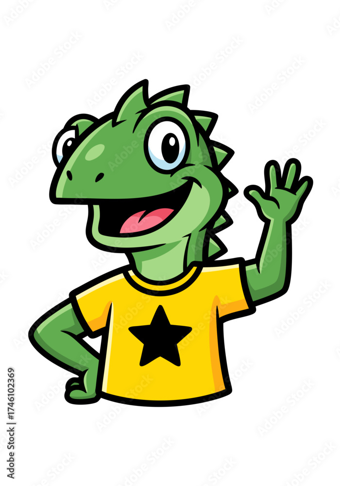 Obraz premium A cartoon style vector illustration featuring a friendly green lizard mascot. The lizard is waving its hand, wearing a yellow T-shirt with a black star, set against a clean white background