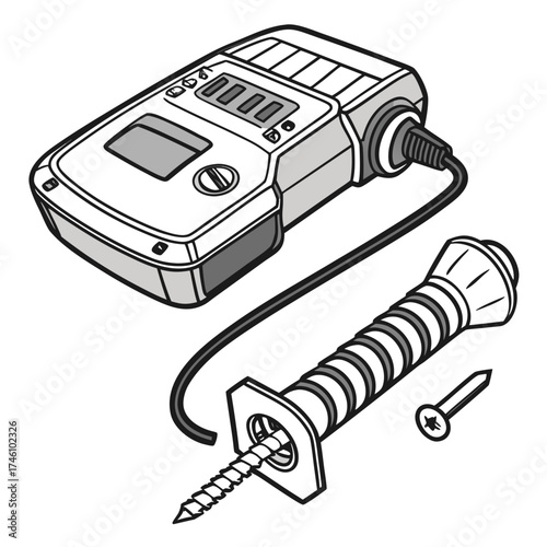Illustration of a stud finder tool with a screw and anchor for wall mounting and detection